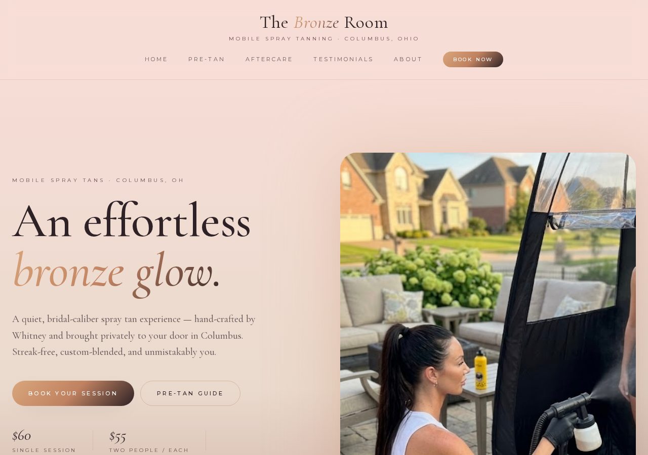The Bronze Room — mobile spray tan business website with membership and booking system